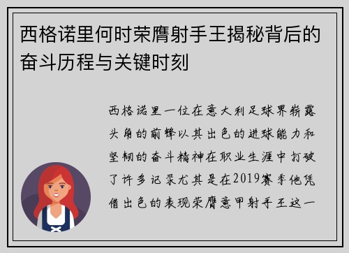 西格诺里何时荣膺射手王揭秘背后的奋斗历程与关键时刻